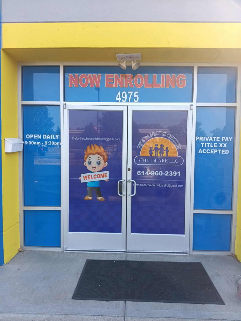 Bright storefront of a childcare center announcing "Now Enrolling."